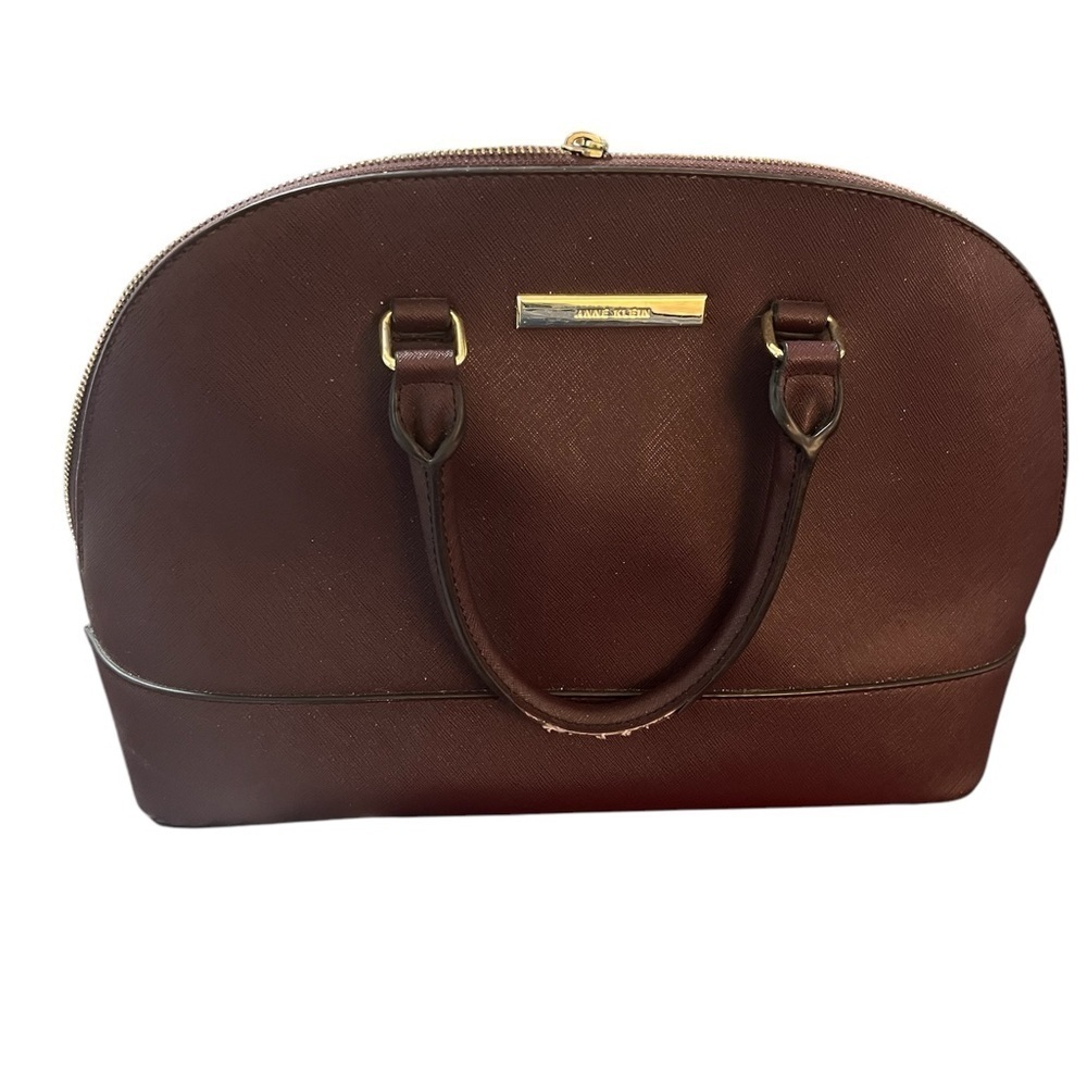 Anne Klein Burgundy Faux Leather Satchel with Gold Hardware